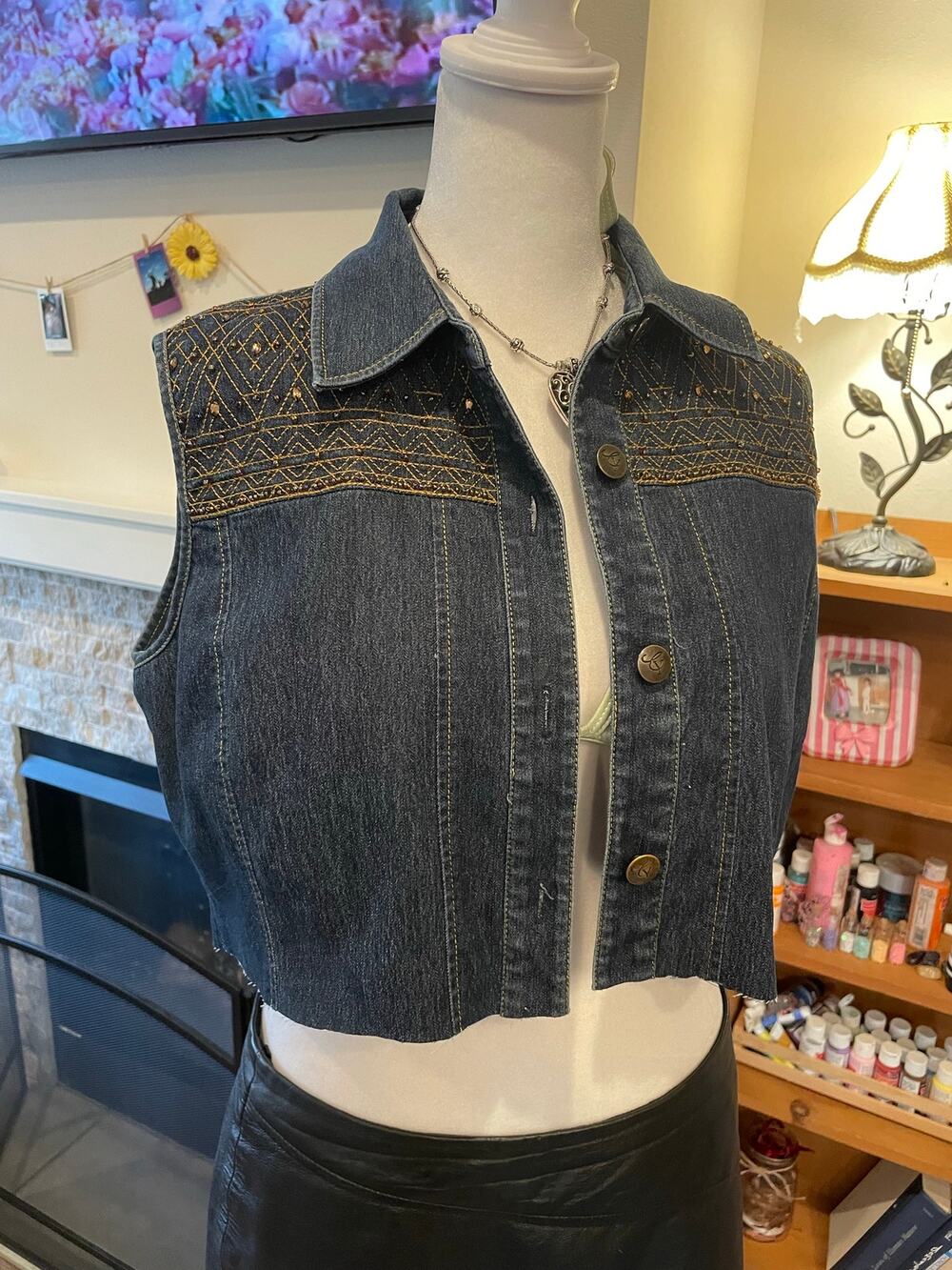 denim beaded cropped vest